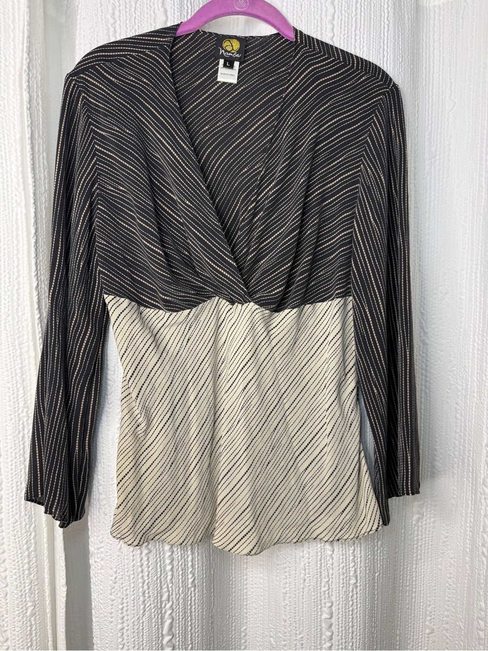 Anne Namba Two-Tone Black and Cream Wrap-Front Silk Blouse